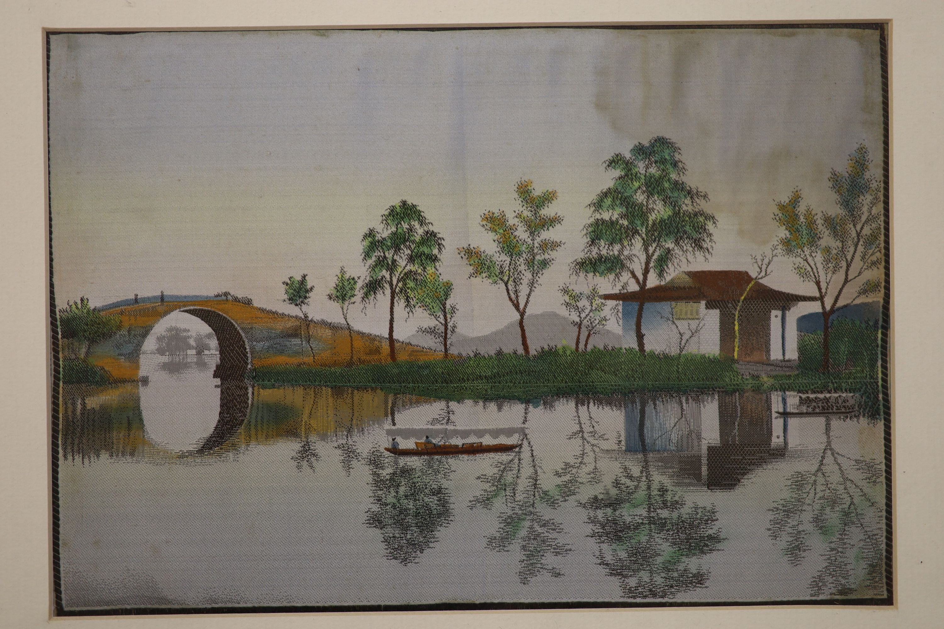 Four assorted Asian decorated silk panels and three other pictures, largest 30 x 21cm